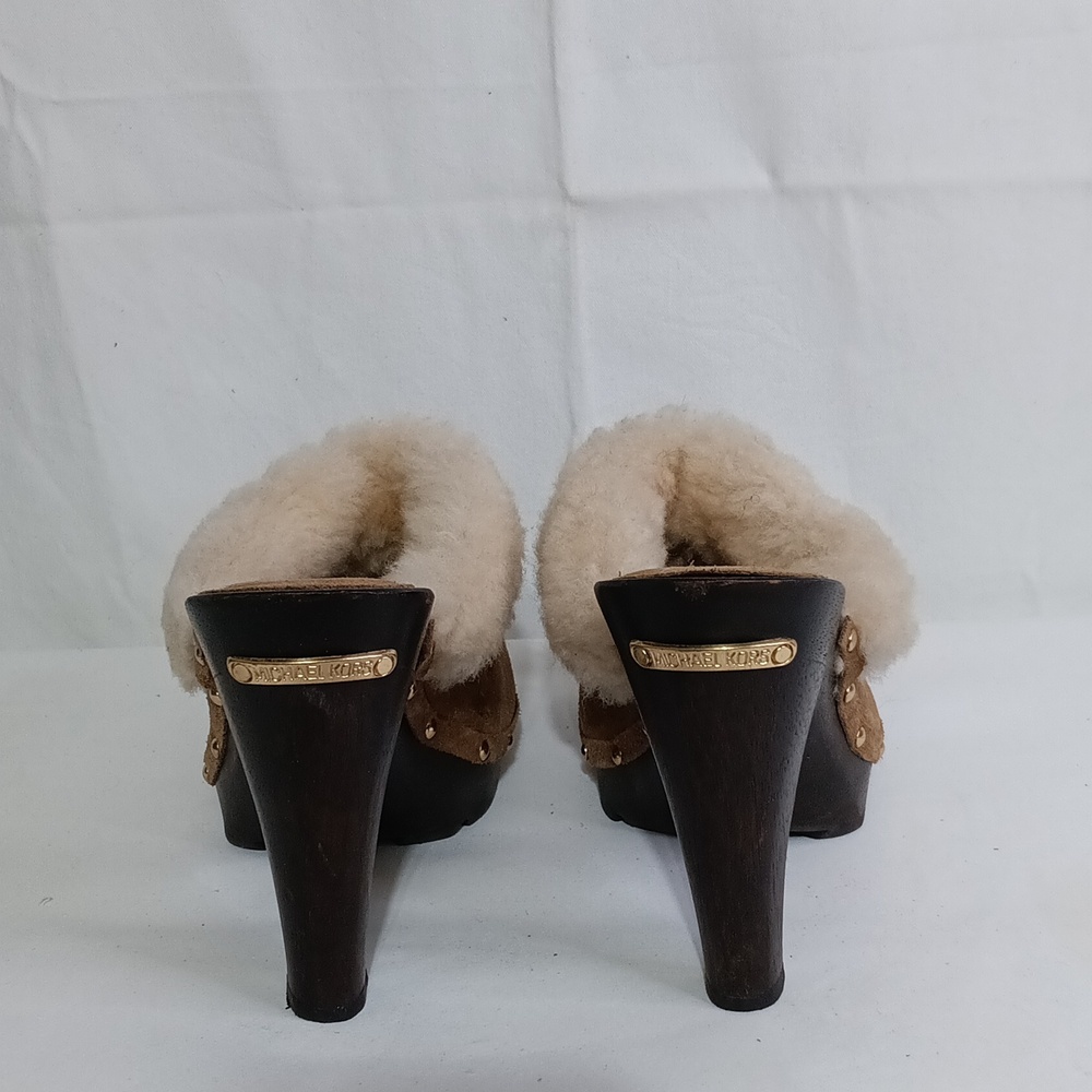 MICHAEL KORS Tan Shearling Mules | Cozy Suede Slip-On Heels | Size 7.5 | Winter - Picture 3 of 4